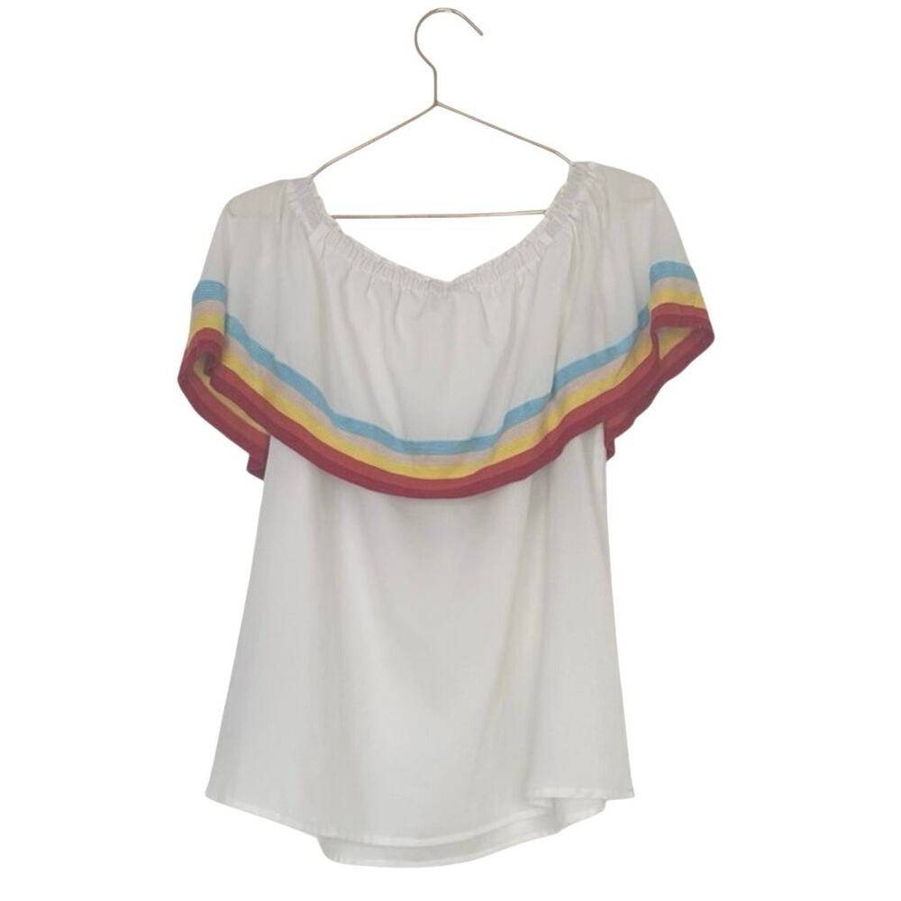 Entro White Blouse with Red, Blue, and Yellow Stripes